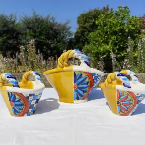 Cestino Siciliano in Ceramica Giallo Dipinto a Mano tris